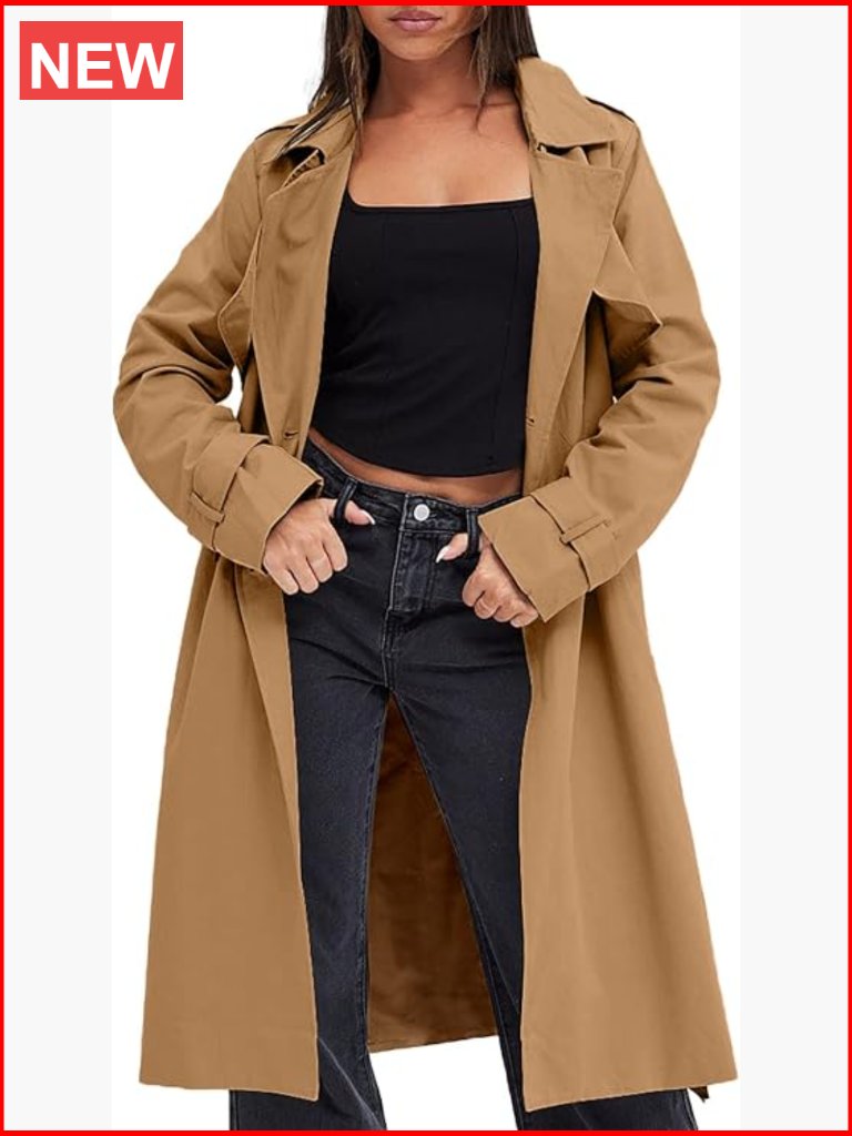 Double Breasted Trench Coat With Belt, 100% Polyester, Long Sleeve, Overcoat